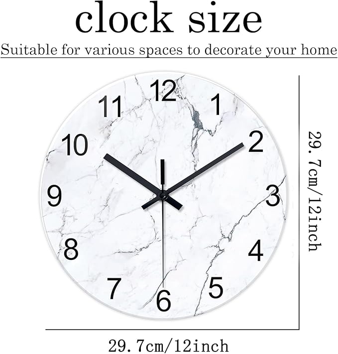 White Marble Glass Wall Clocks Battery Operated 12 Inch Abstract Decorative - Image 3