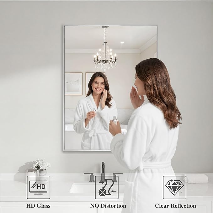 Koonmi Silver Rectangle Wall Mirror, 24x32 Inch Bathroom Mirror, Aluminum Frame - Image 3