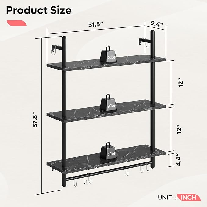 Bestier Floating Pipe Shelving, 31.5" Floating Kitchen Shelves Wall Mounted - Image 2