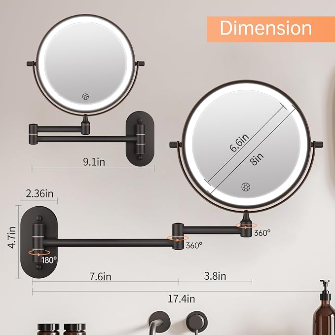 5000mAh Rechargeable Wall Mounted Lighted Makeup Vanity Mirror Double Sided 1X - Image 5