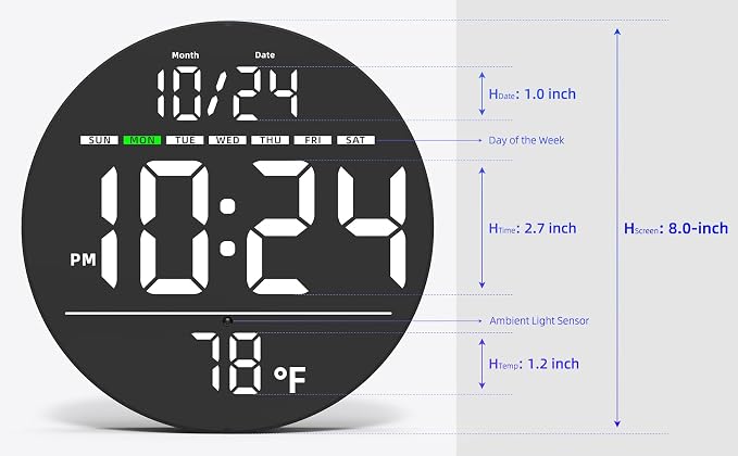 Digital Wall Clock with Large LED Display, Temperature, Auto-Brightness | Small - Image 3