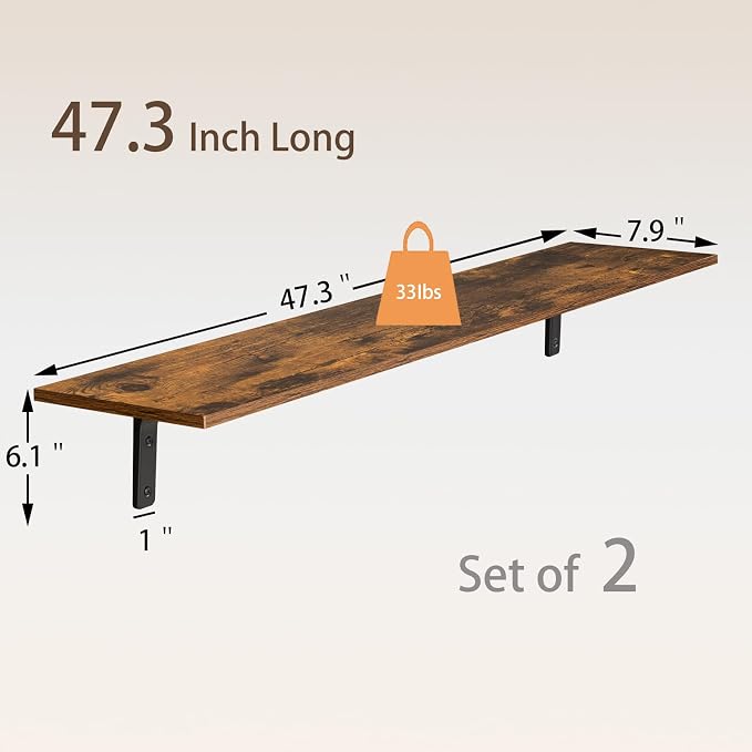 DINZI LVJ Long Wall Shelves, 47.3Inch Wall Mounted Shelves Set of 2, Extra - Image 3