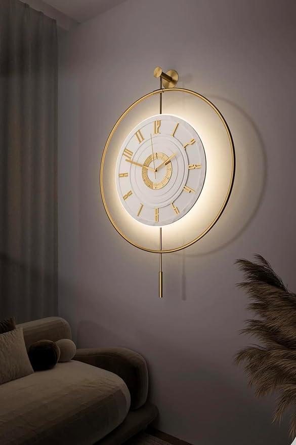 Large Luxury LED Backlit Wall Clock – Pendulum Roman Numeral Metal Ring by Unknown