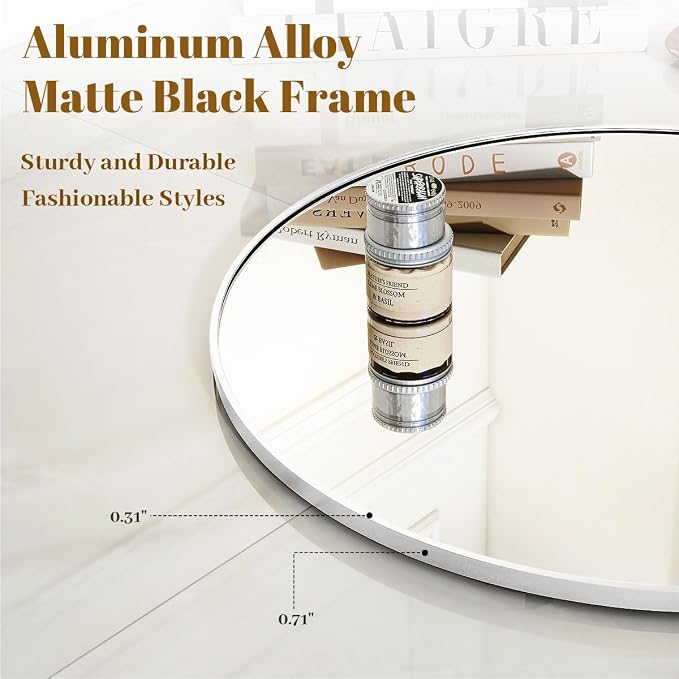 VooBang White Round Bathroom Mirror, 24 inch Circle Wall Mounted Hanging Mirror - Image 3
