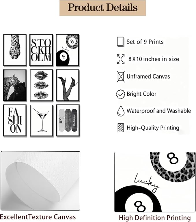 LOARTVE 9Pcs Black and White Fashion Wall Art Prints Trendy Leopard Stockholm - Image 8