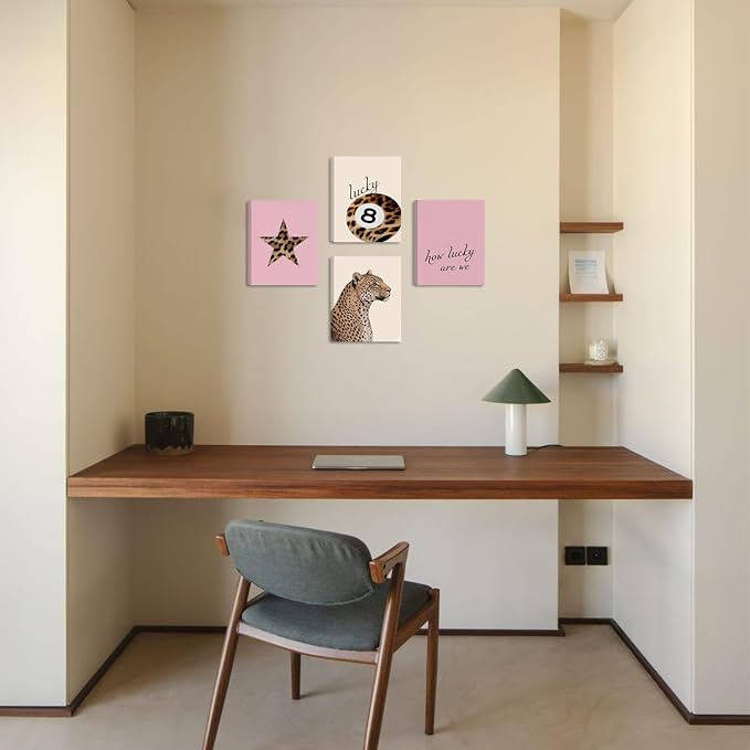 SEHSUVC Pink Lucky Leopard Wall Art Set of 4, Vintage Y2K Preppy Aesthetic - Image 5