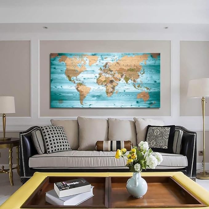 Large Wall Art Blue map of The World Painting Ready to Hang 29"x58"Large Framed - Image 3