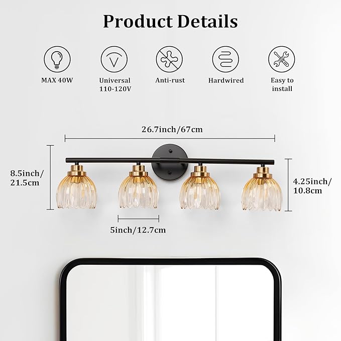 TALOYA Bathroom Vanity Light Fixtures, 4-Light Black and Gold Wall Lights - Image 2