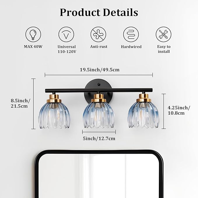 TALOYA Bathroom Vanity Light Fixtures, 3-Light Modern Black and Gold Wall - Image 2