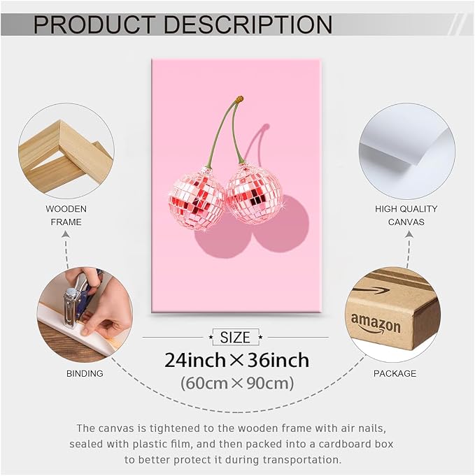 Funky Pink Cherry Poster Retro Disco Ball Canvas Wall Art 24X36 inch Framed - Image 2