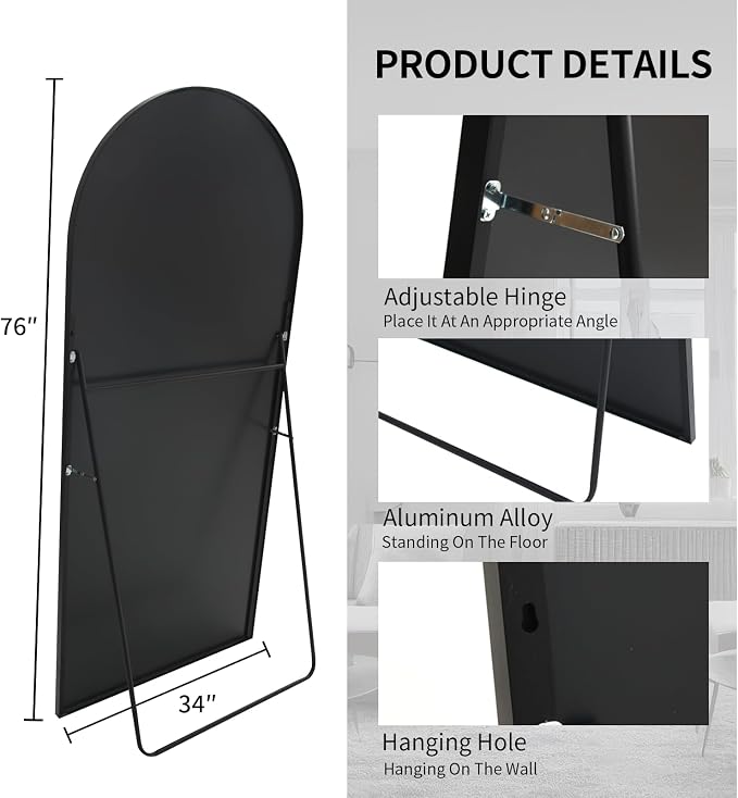 Beauty4U Arched Full Length Mirror 76" x 34", Floor Standing & Wall Mounted HD - Image 5