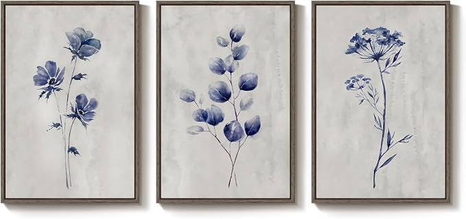 Framed Boho Floral Wall Art for Living Room, 3 Piece Blue Minimalist Botanical - Image 9