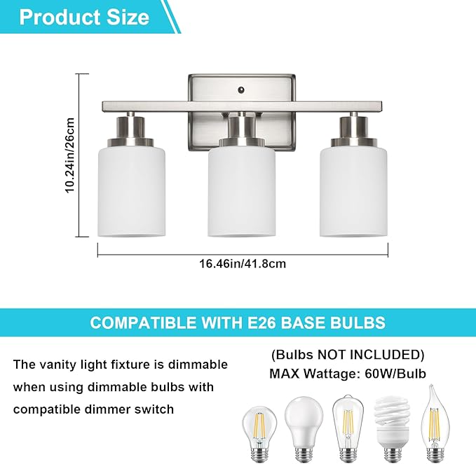 Ascher Bathroom Light Fixtures, 3-Light Vanity Light Over Mirror, Modern - Image 2