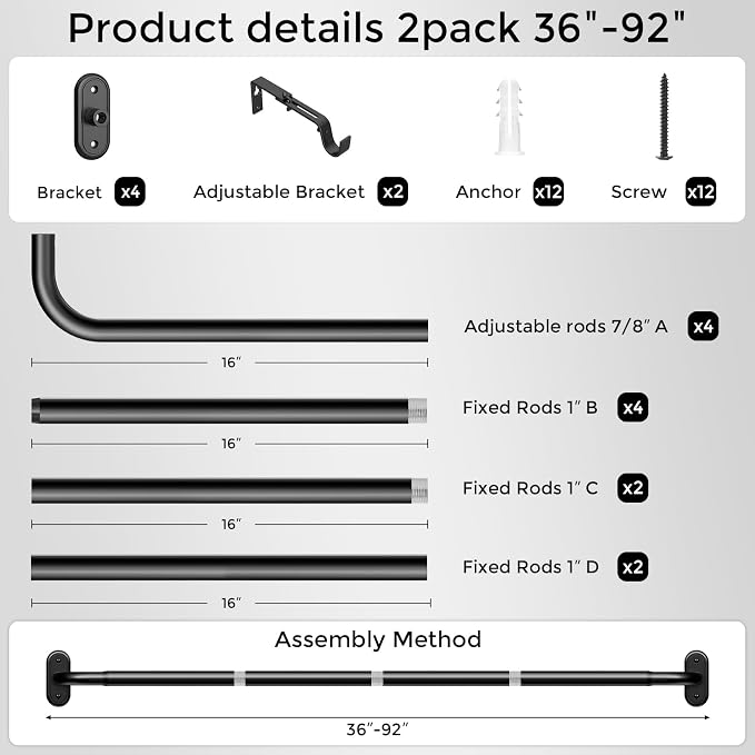 2 Pack Curtain Rods 36-88 Inch, 1 Inch Adjustable Heavy Duty Room Darkening - Image 7