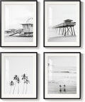 Framed Black and White Beach Wall Art, 4 Piece Coastal Photography Canvas by MXART