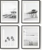 Framed Black and White Beach Wall Art, 4 Piece Coastal Photography Canvas by MXART