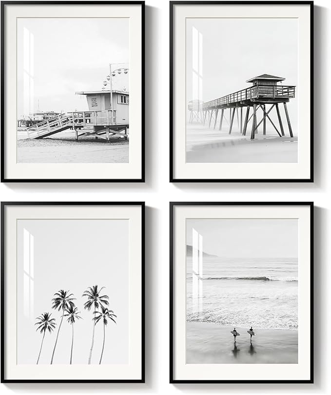 Framed Black and White Beach Wall Art, 4 Piece Coastal Photography Canvas by MXART