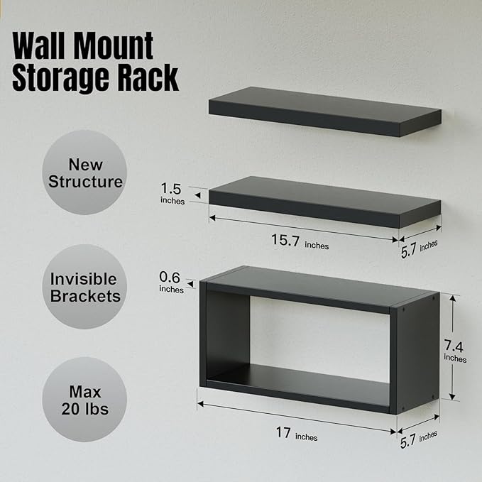 RICHER HOUSE Black Floating Shelves Set of 3, Modern Bathroom Shelves Wall - Image 2