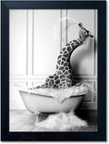Black and White Bathroom Wall Decor Funny Giraffe in Bathtub Decor Framed by Melpa+Art