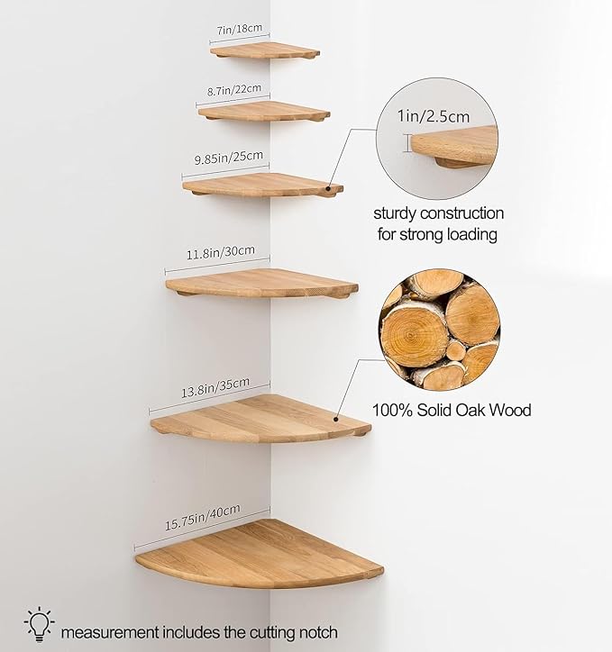 Corner Shelf, 12inch Solid Oak Wood Floating Corner Shelves Wall Mount Round - Image 6