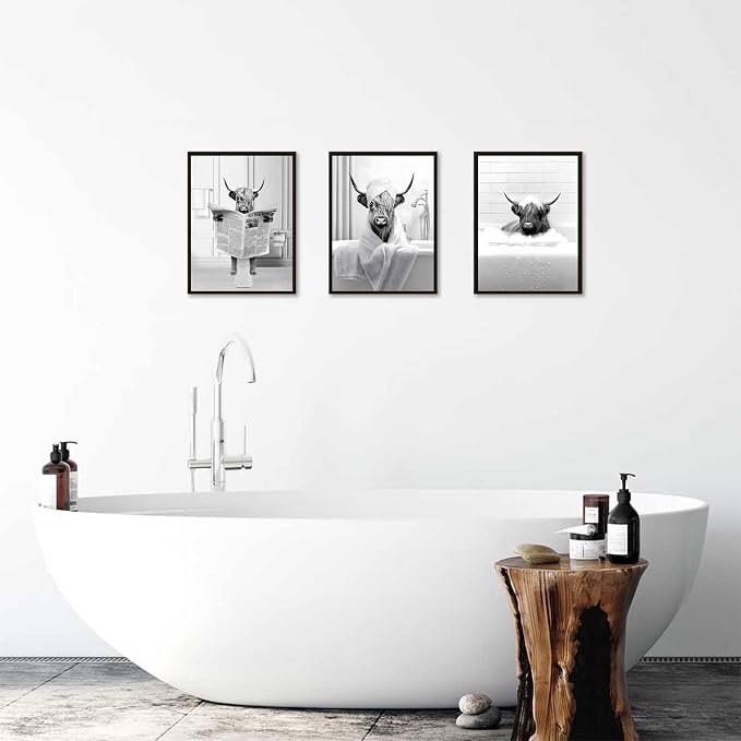 KBKBART Funny Highland Cow Wall Art Set of 3, Rustic Farmhouse Bathroom Cow - Image 3