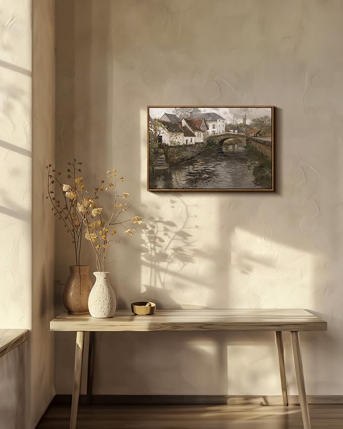 InSimSea Framed Canvas Wall Art Vintage Decor, Riverside Small Town Large - Image 2