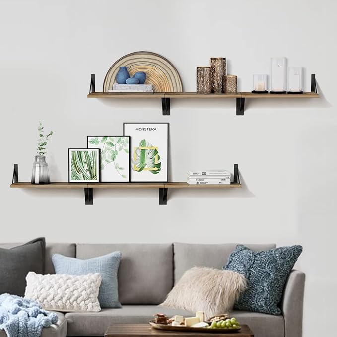 Floating Shelves with Black Metal Brackets Set of 3, Light Wood Wall Bookshelf - Image 5