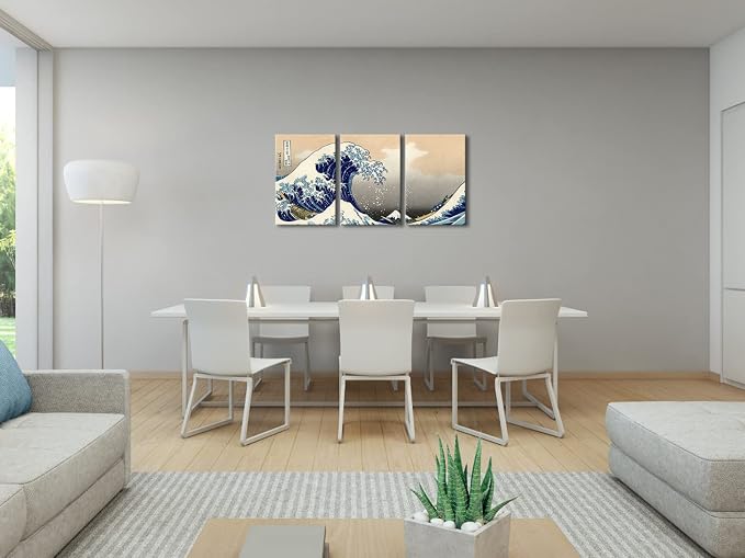 Wieco Art Great Wave of Kanagawa Katsushika Hokusai 3 Piece Modern Stretched - Image 4