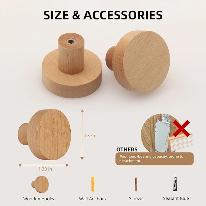 4 Pack Wood Hooks No Damage Wall Hooks Round Rings Adhesive Hooks Clothes - Image 6