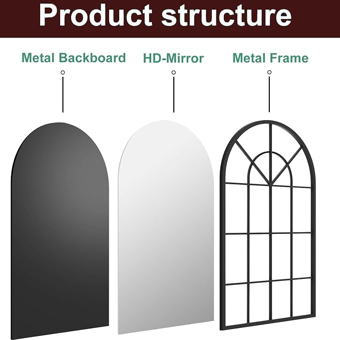 Dewfig Arch Wall Mirror Mounted Decorative, Arched Window Pane Mirror - Image 8