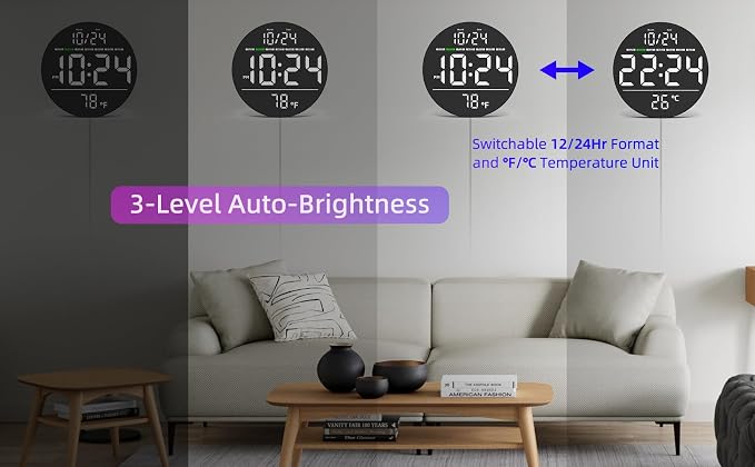 Digital Wall Clock with Large LED Display, Temperature, Auto-Brightness | Small - Image 5