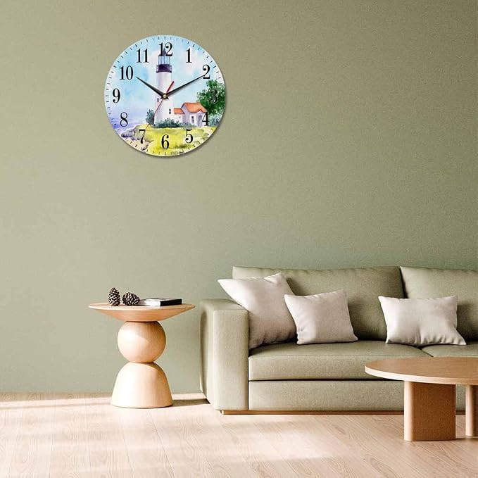 Mxocom Watercolor Lighthouse Wall Clock Building Green Hill Blue Skies House - Image 7