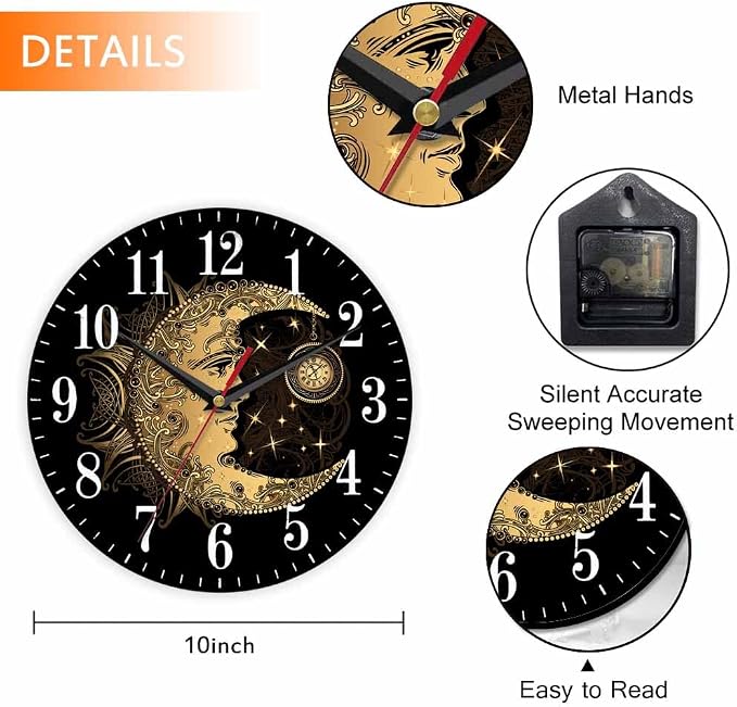Mxocom Crescent Moon Wall Clock Boho Chic Golden Sun Ethnic Retro Night Black - Image 2