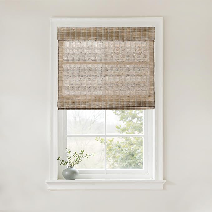 TWOPAGES Natural Woven No Drill Roman Shades, Custom Cordless Blackout Bamboo by TWOPAGES