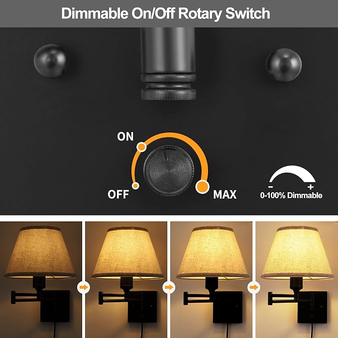 TRLIFE Wall Sconce Plug in, Dimmable Wall Sconces Set of Two Swing Arm Wall - Image 2