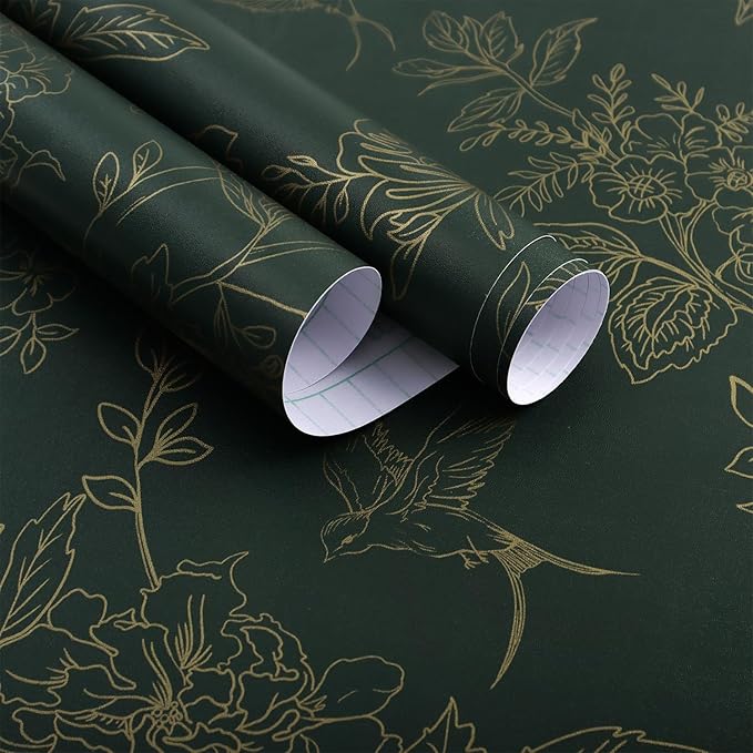 Froluya Dark Green and Gold Wallpaper Floral Peel and Stick Wallpaper by Froluya