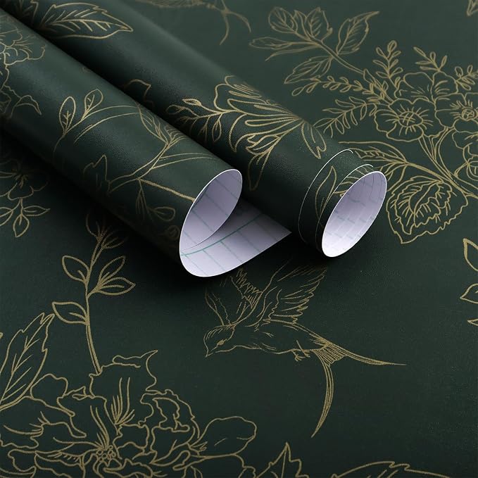 Froluya Dark Green and Gold Wallpaper Floral Peel and Stick Wallpaper by Froluya