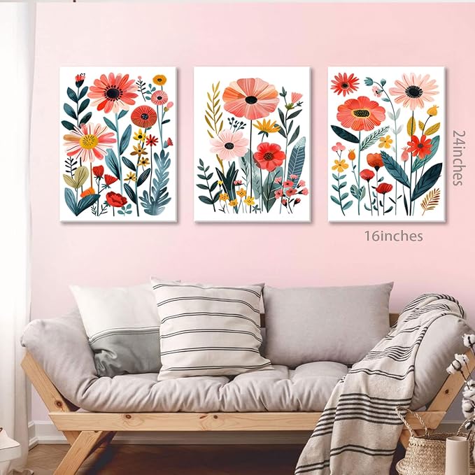 KISSFOX Framed Colorful Wildflower Canvas Wall Art Set Of 3 Flowers Pictures - Image 6