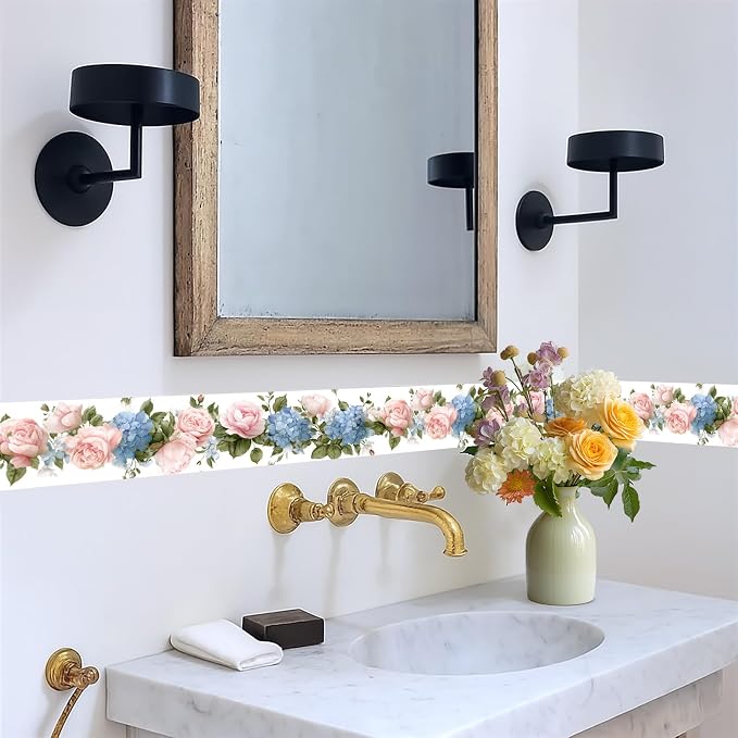 Floral Rose Wallpaper Border 196x4 Inch Peel and Stick Wall Border Pink Blue - Image 5
