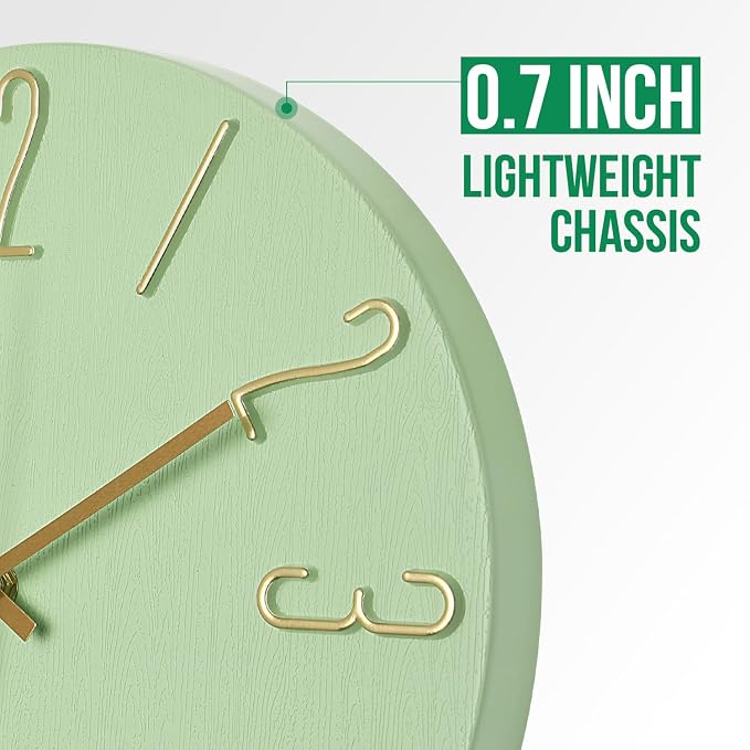 Wall Clock 12 Inch Silent Non-Ticking Imitation Wood Indoor Clock Round Green - Image 5