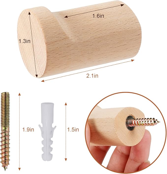 bsdonte Wood Wall Hooks 6 Pack, Natural Wooden Coat Hooks Wall Mounted - Image 5