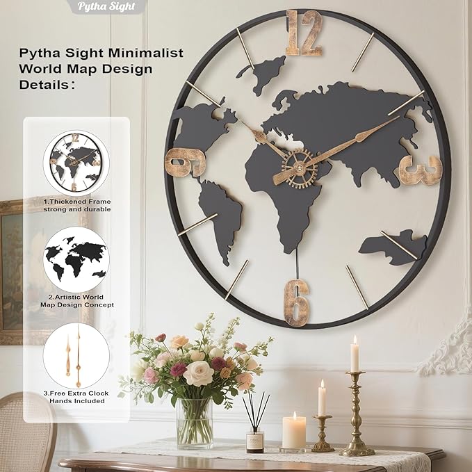 Pytha Sight 30 Inch Large Modern Decorative Metal World Map Wall Clocks Giant - Image 2
