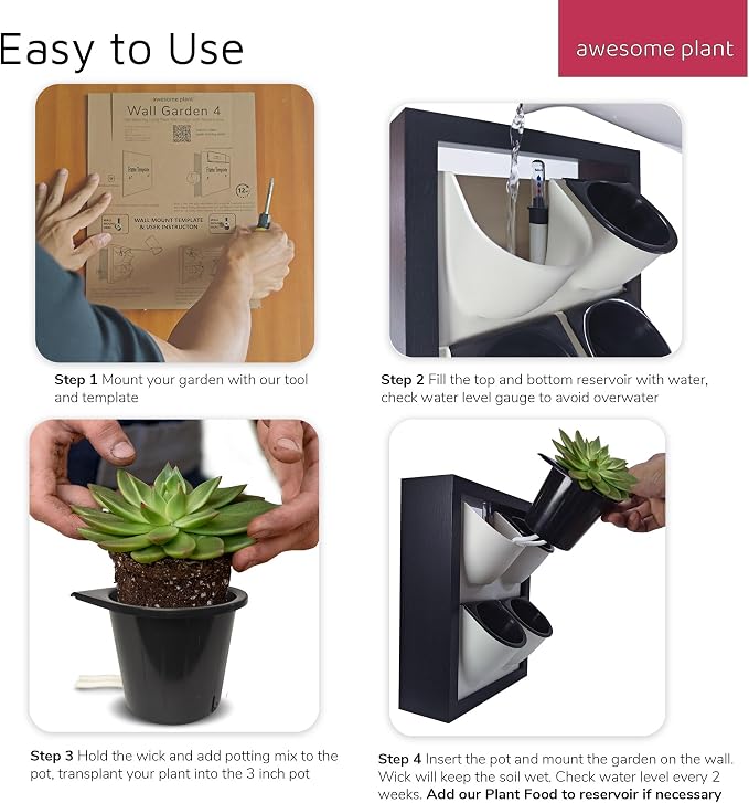 Wall Garden 4 Vertical Wall Planter, 4 Pots Wood Frame Self Watering Living - Image 5