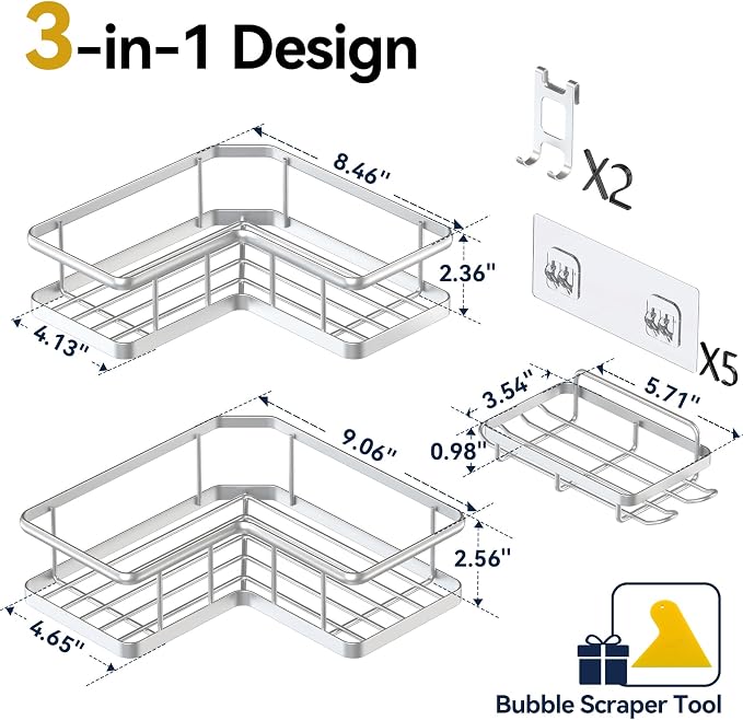 YASONIC Corner Shower Caddy Organizer, Self-Adhesive Rustproof Bath Shelves - Image 7