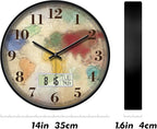 14" Silent Non-Ticking Vintage Distressed World Map Wall Clock, Battery - Image 6