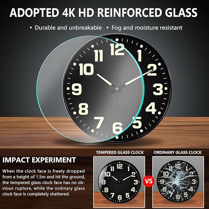 Glow in The Dark Wall Clock, Large Easy Read Numbers Tempered Glass Night Light - Image 7