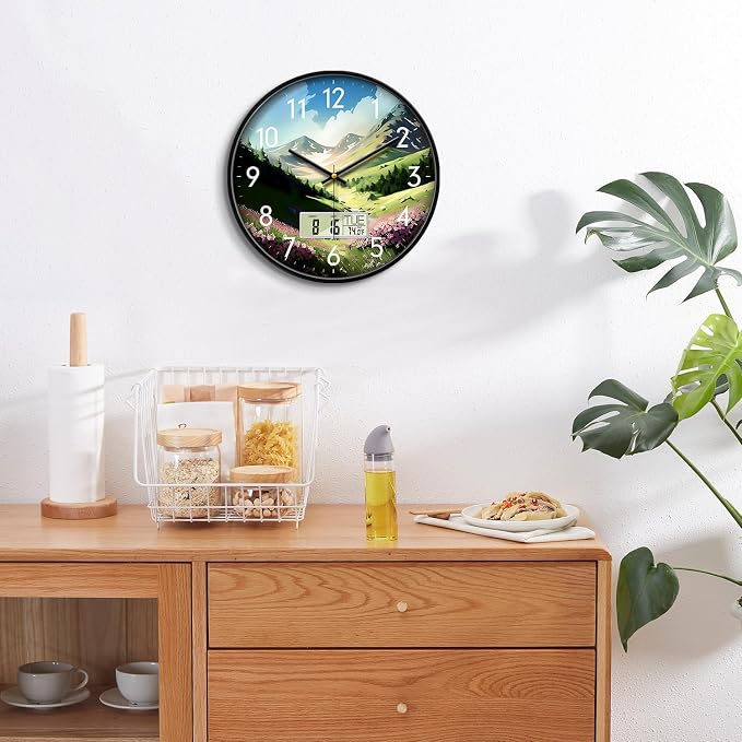 14'' Silent Non-Ticking Rustic Mountain Wildflowers Wall Clock, Battery - Image 4