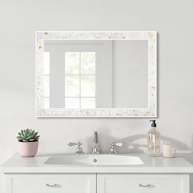 Mosaic Mirrors for Wall 20x28 Inch, Natural Mother of Pearl Inlay White Framed - Image 5