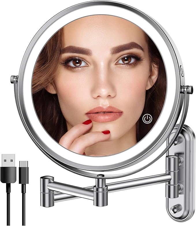 Rocollos Rechargeable Wall Mounted Lighted Makeup Mirror, 8 Inch Double-Sided by Rocollos