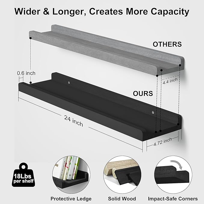 Love-KANKEI Floating Shelves Wall Mounted Set of 2, 24 Inch Wood Storage Wall - Image 3